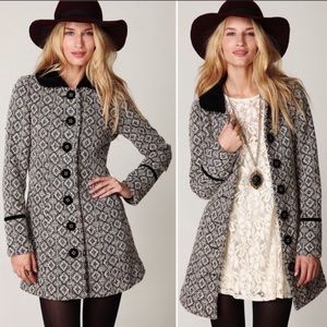 Free People Coat Retro Tapestry Wool Black Large